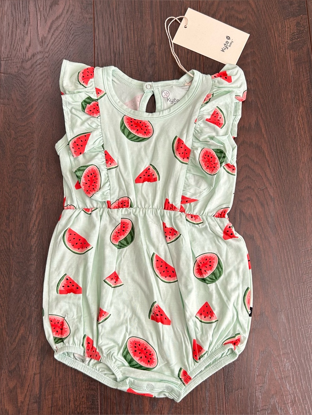 Kyte Short Sleeve Bubble Romper with Ruffles in Watermelon 12-18m